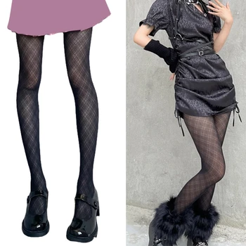 E15E Дамски секси черна копринена чорапогащи в винтажную клетка от Аргайла с диаманти Изображение 2