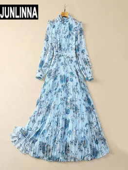 JUNLINNA Пролет-есен шифоновое рокля с шал яка подпора, модерно рокля с флорални принтом, плиссированное рокля, женски премяна