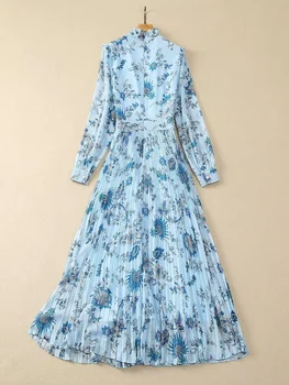JUNLINNA Пролет-есен шифоновое рокля с шал яка подпора, модерно рокля с флорални принтом, плиссированное рокля, женски премяна Изображение 2