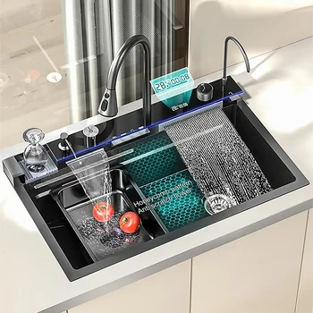 Led светлини с ръчно изработени, водопад от неръждаема стомана 304, богат на функции за кухненска мивка с цифрово управление