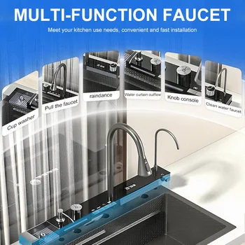 Led светлини с ръчно изработени, водопад от неръждаема стомана 304, богат на функции за кухненска мивка с цифрово управление Изображение 2