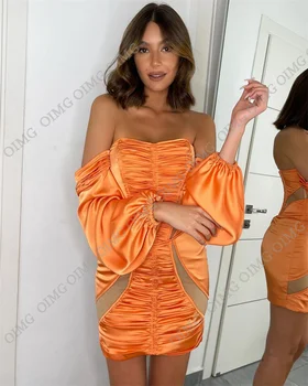 OIMG Orange Секси Сладки Къси рокли за бала, без презрамки, с пищни ръкави, рокля за коктейл мини-момичета, вечерни рокли за дейности, Vestidos Изображение 2