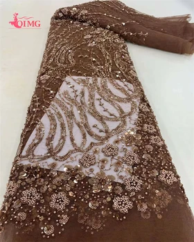 OIMG Африканска лейси плат от мъниста 5 ярда 2023 г. Висококачествени пайети Нигерийски сватбен материал Луксозни платове за шивашки рокли