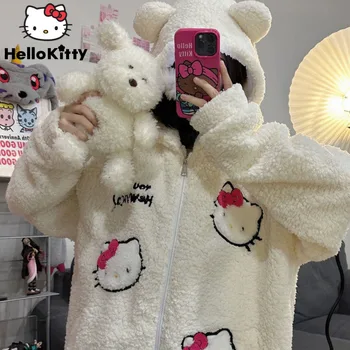 Sanrio Hello Kitty, Нови Модни Блузи С Изображение На Анимационни Герой, Скъпа Плюшен Есенното Яке, Жена Без Жилетка С Цип, Ризи Y2k, Горно Палто, Kawai