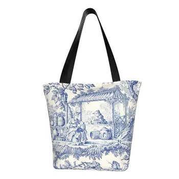 Toile De Jouy Тъмно синя чанта за пазаруване с модел, моющаяся холщовая чанта за пазаруване, класическа чанта във френски стил