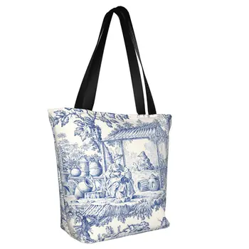 Toile De Jouy Тъмно синя чанта за пазаруване с модел, моющаяся холщовая чанта за пазаруване, класическа чанта във френски стил Изображение 2