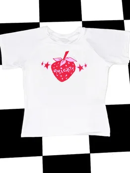 Y2K върховете Kawaii с ягодов естетически принтом, Градинска Дрехи, Приталенная Годишна Жена Harajuku, Красиви Блузи с къс ръкав, Детски тениски