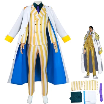 Аниме Gorousei Kizaru Borsalino Kizaru Cosplay костюм Адмиральская форма Костюм в жълта ивица Мъжки Кралят костюм за Хелоуин Кралят комплект