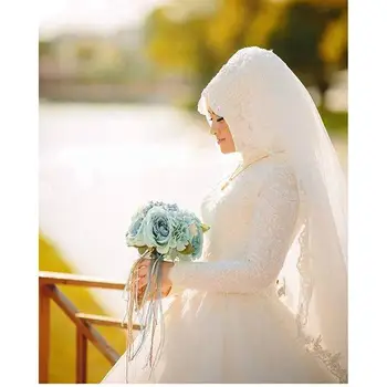 Арабски мюсюлмански булчински рокли с дълъг ръкав, луксозни Дамски сватбени рокли с аппликацией по поръчка Изображение 2