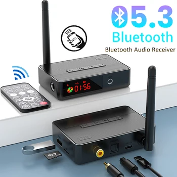 Аудиоадаптер приемник, NFC Bluetooth 5.3 с жак 3,5 мм за безжичен адаптер Aux за КОМПЮТРИ Поддръжка на телевизия TF U Disk Play дистанционно управление