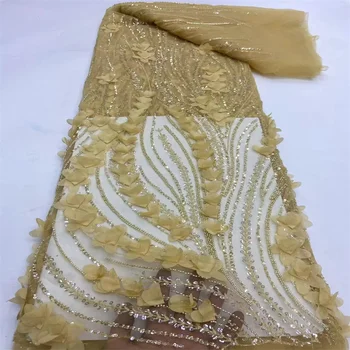 Африканска лейси кърпа Жълта лейси плат, ръчно изработени beaded Франция Пайети Нигерийская бродерия Сватбена окото Лейси плат за шиене