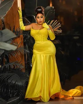 Африкански Ярко жълти рокли за абитуриентски бал с русалочкой, корсет с сърце, Дълги рокли за абитуриентски бал, вечерна рокля Aso Ebi в Нигерия, по-големи размери Изображение 2