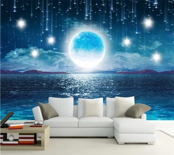 бейбехан Потребителски тапети 3d изкачване вода ярката луна красива нощ на звездното небе пълнолуние пейзаж на фона на стена в хола