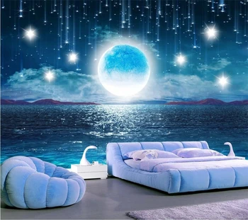 бейбехан Потребителски тапети 3d изкачване вода ярката луна красива нощ на звездното небе пълнолуние пейзаж на фона на стена в хола Изображение 2