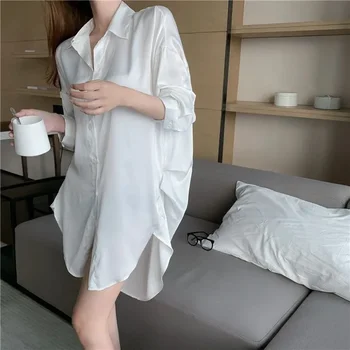 Бели нощни ризи от коприна лед, дамски пижами с дълъг ръкав, сексуална есен облекло за вкъщи, популярна елегантна нощница, просто ежедневни Изображение 2