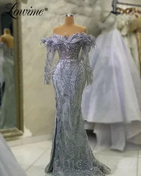 Блестящо сиво вечерна рокля с дълъг ръкав, официални рокли на Русалка 2023, арабски Рокли за бала в Дубай с кристали от пера, обличам знаменитост, халат за баня Изображение 2