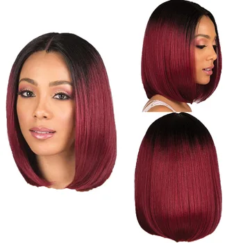 Боядисани перука средна част на тялото женски къса права коса черен градиентный бордо боб синтетично влакно с висока коприна пълен прическа