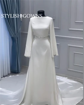 Бяло мюсюлманската вечерна рокля с дълъг ръкав и влак, расшитое мъниста, Вечерни рокли Dubai 2023, Елегантни вечерни рокли Луксозни vestido