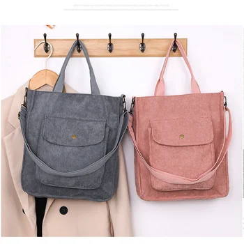 Вельветовая чанта през рамо, женски реколта чанти за пазаруване, студентски чанти, ежедневни чанта с цип с външен джоб