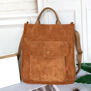 Вельветовая чанта през рамо, женски реколта чанти за пазаруване, студентски чанти, ежедневни чанта с цип с външен джоб Изображение 2