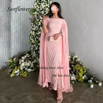 Вечерна рокля на русалка с розов деколте-лодка във формата на семе 2023, шифоновое рокля с дължина до щиколоток в тънка гънка, висококачествени рокли за бала на поръчка