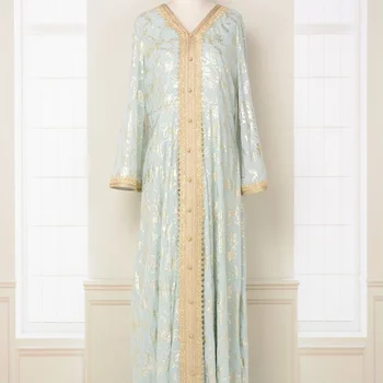 Вечерна рокля от Дубай, елегантен халат с позлатени релефни и цветисти принтом отдолу Изображение 2
