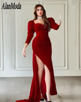 Вечерни рокли в арабския Дубай червен цвят, с дълъг ръкав, с кадифени рокли на русалка, за абитуриентски бал, рокля с висока цепка за специални случаи