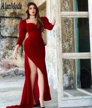 Вечерни рокли в арабския Дубай червен цвят, с дълъг ръкав, с кадифени рокли на русалка, за абитуриентски бал, рокля с висока цепка за специални случаи Изображение 2