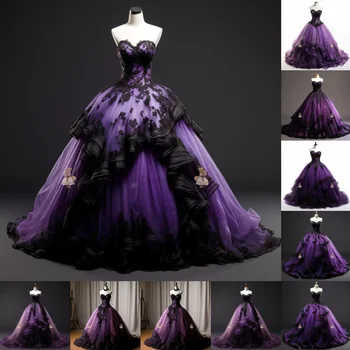 Виолетово-черна лейси апликация от тюл, бална рокля, без презрамки, пълна дължина, вечерна рокля за бала, сшитое ръчно по поръчка W2-10