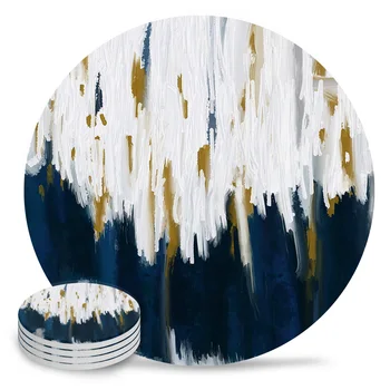 Влакчета с абстрактна шарка, написани в синьо масло, Керамичен комплект, кръгла впитывающая поставка за напитки, чаши за кафе, прибори за хранене, подложка за маса