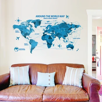 Водоустойчив 3D сини стикери за стена с карта на света, етикети за офис площи, творческа стенно изкуство, спалня за декорация на дома, стикери за стена