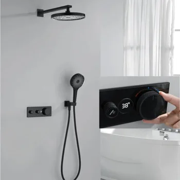 Гореща Студена Черен Цифров термостатическая душ система, дъждовна накрайник за душ, Смесител за баня от масивен месинг, Цифров комплект за душ