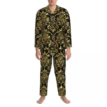 Дамасская пижама с цветен модел, мъжки, черен с злато, прекрасна пижами за сън, есенен комплект пижам ежедневна дизайн Oversize от 2 теми