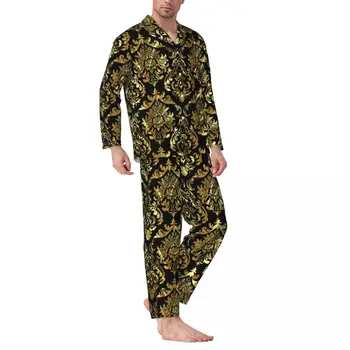 Дамасская пижама с цветен модел, мъжки, черен с злато, прекрасна пижами за сън, есенен комплект пижам ежедневна дизайн Oversize от 2 теми Изображение 2