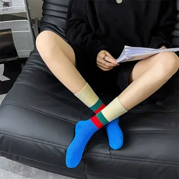 Дамски дълги чорапи с бродерия, Корейски дишащи плетени чорапи с дълга тръба, хлопчатобумажный ръкав за обувки в ивица, Four Seasons Изображение 2