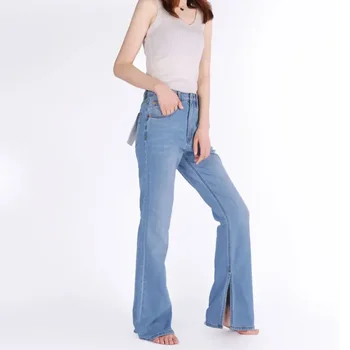 Дамски дънки-клеш с еластична цепка, модерни ежедневни дамски дънкови панталони