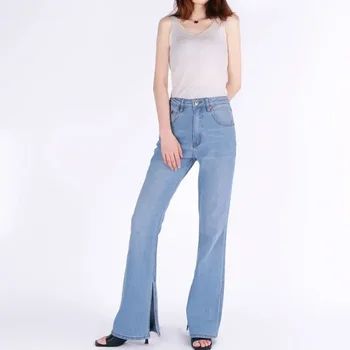 Дамски дънки-клеш с еластична цепка, модерни ежедневни дамски дънкови панталони Изображение 2