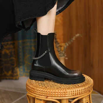 Дамски зимни обувки, Ежедневни есенни кожени Непромокаеми обувки на квадратен ток с лакирана цип, Трайни Модни дамски ботильоны Изображение 2