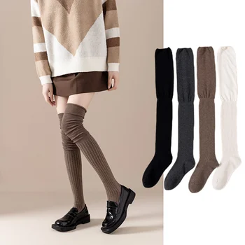 Дамски зимни чорапогащи с наколенниками, памучни японски чорапогащи цвят каки, дамски чорапи над коляното, възли топли чорапи
