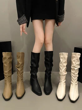 Дамски кожени ботуши, дамски обувки, Чубрица ботуши до бедрото, с високи токчета, дамски ботуши, дамски есенни ботфорты над коляното, заточени