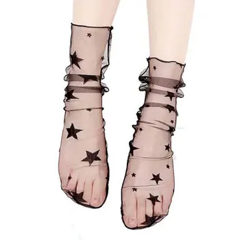 Дамски модни дишаща средната тръба Ултра-ретро чорап Черна дантела Секси