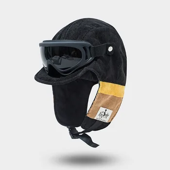 Дамски Мъжки хет-бомбер с предпазни очила Градинска мотоциклетът Ветрозащитная топла шапка пилот Зимни удебелена топла снежна шапка