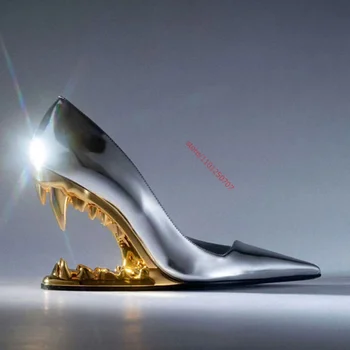 Дамски обувки-лодка с остри пръсти, обувки-лодка на танкетке със златни зъби, обувки-лодка на висок ток, модни модела обувки на необичайни токчета
