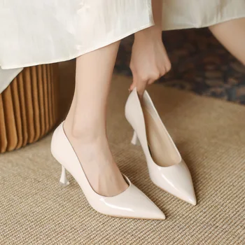 Дамски обувки на тънък ток Пролет 2023, Нови универсални прости модни дамски обувки-лодка с остри пръсти в малкия професионален висок ток Изображение 2
