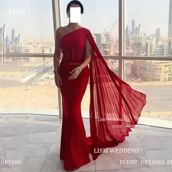 Дамски официални рокли LISM Red Stain Русалка, Саудитска Арабия, наметало с едно рамо, выпускное рокля с дължина до пода, вечерна рокля за специални случаи