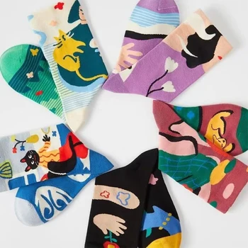 Дамски Памучни Чорапи Винтажного на изкуството, Модни Цветни Чорапи Креативно тенденция Сладък Cartoony Цвете Животно Котка, Куче Забавни Чорапи-5 Чифта