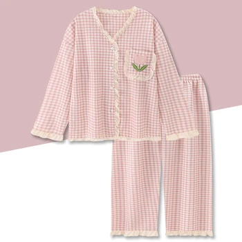 Дамски пижами от вафельного памук, с дълги ръкави, пролет-есен, ежедневни свободна Мека домашно облекло за сън, Нова дамска пижама с бродерия и цветен модел