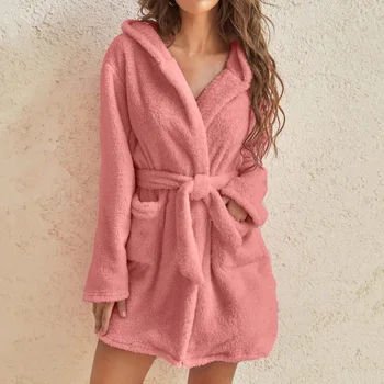 Дамски плюшен пижами однотонного на цвят, с качулка, домашен топъл халат за жени Изображение 2