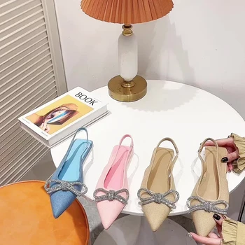 Дамски сандали с остри пръсти, Модерен папийонка с възел-пеперуда, плитки слипоны, дамски сандали на равна подметка, джапанки
