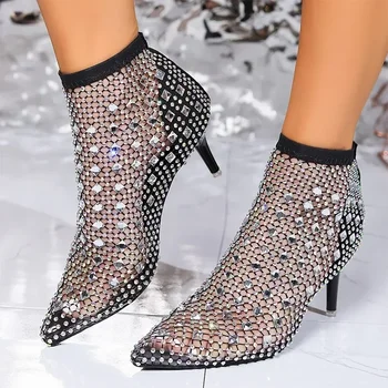Дамски стръмни обувки с кристал мрежа, сандали 2024, Чубрица сандали на висок ток, летни обувки с остри пръсти, дишащи обувки-лодки, дамски джапанки